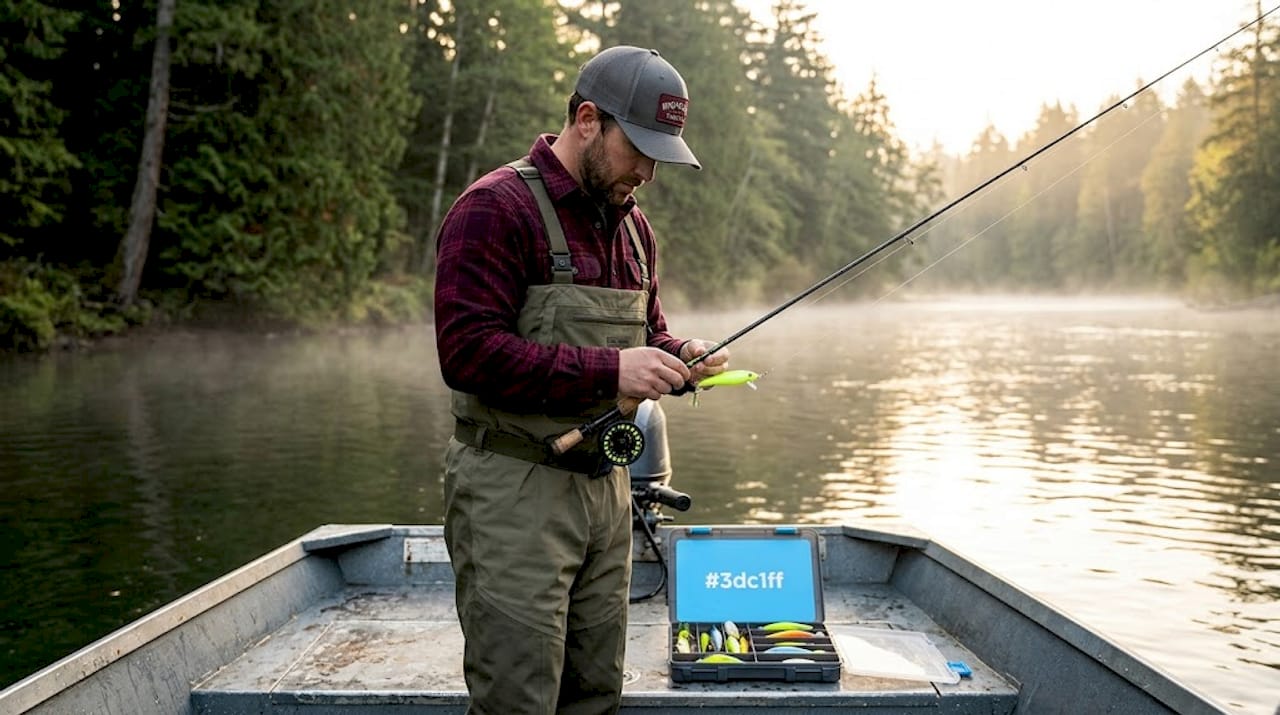 Angler preparing plug fishing boat on misty river