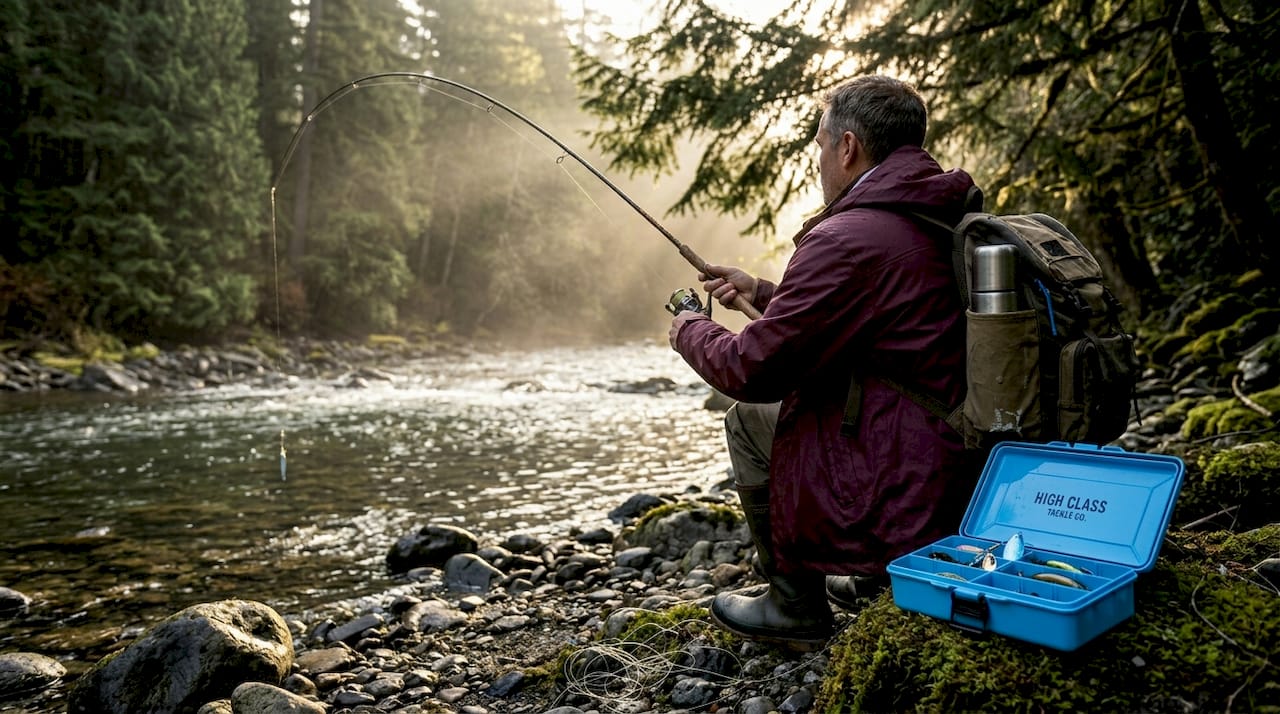 Angler casting spinnerbait into Pacific Northwest river
