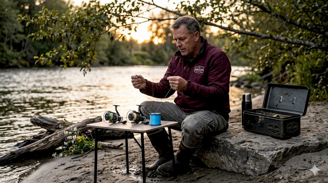 Guide sorting steelhead fishing lines riverside
