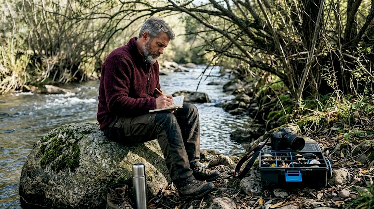 Angler writing in journal by river with camera