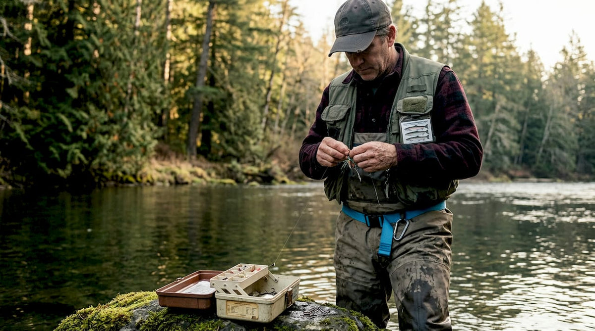 Angler preparing tackle in Pacific Northwest river