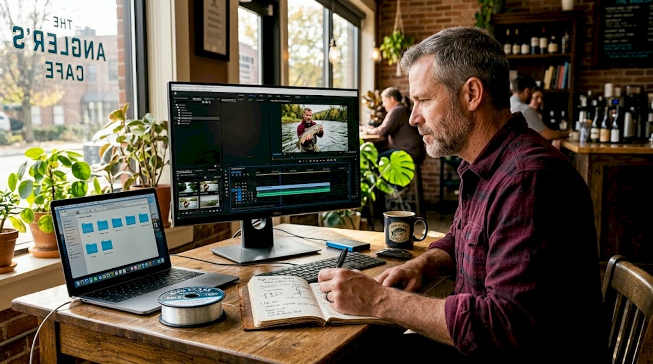 Angler editing fishing media at home desk