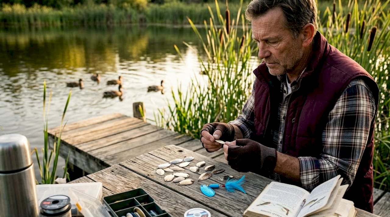Angler sorting spinner blades beside river