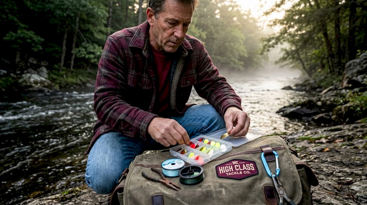 Angler prepares custom spinner blades by riverbank
