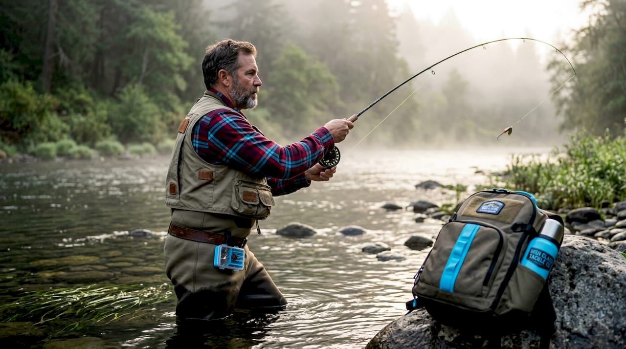 Angler casting Simons spinner on riverbank