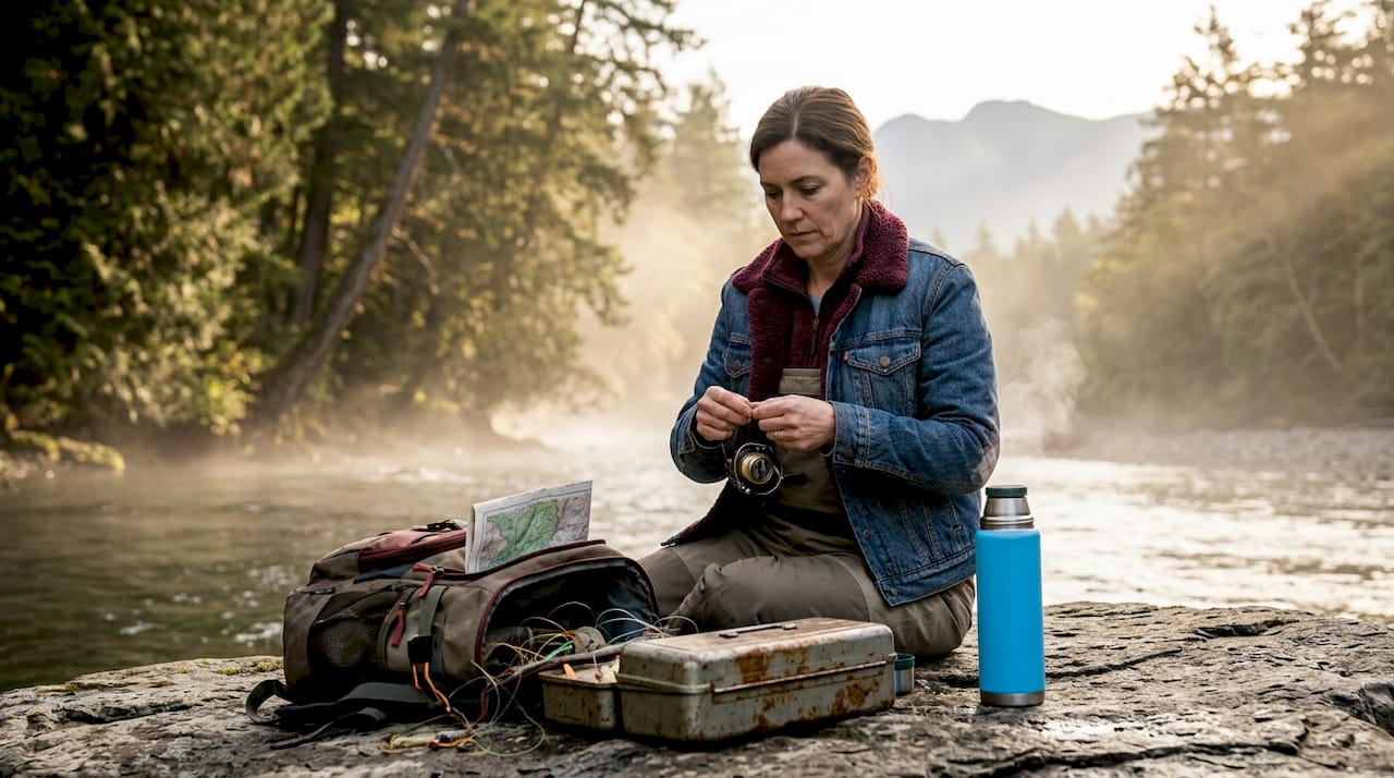 Angler prepping bait at Northwest riverbank morning