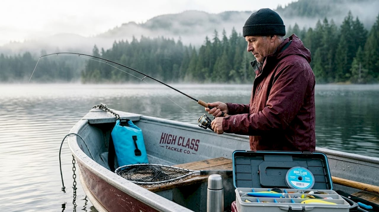 Angler adjusting trolling rod in PNW river