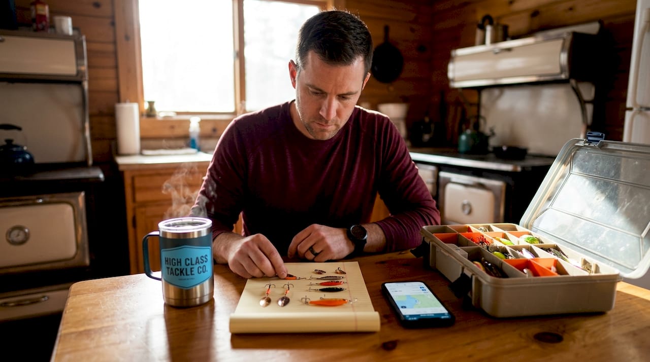 Angler comparing tackle blades at kitchen table