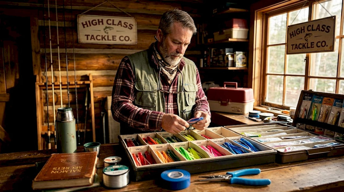 Angler selecting hoochie skirts at tackle bench