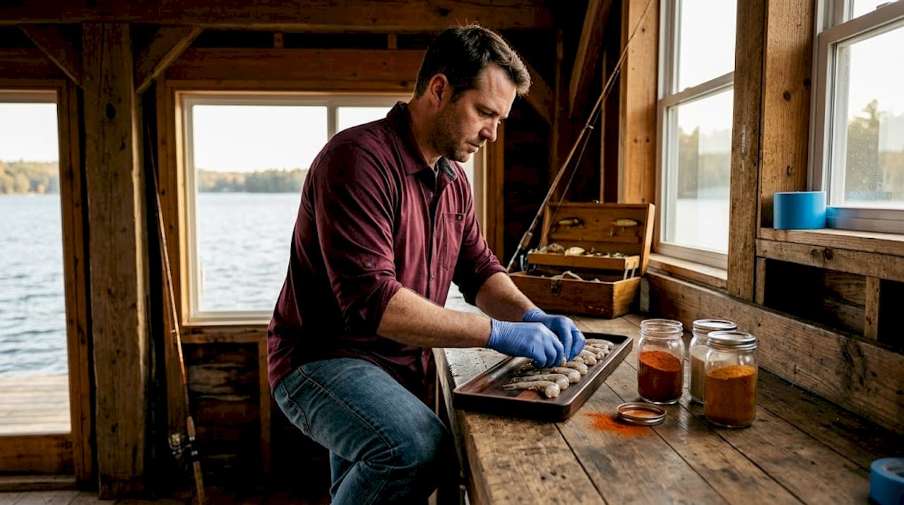 Angler prepping shrimp bait in organized garage