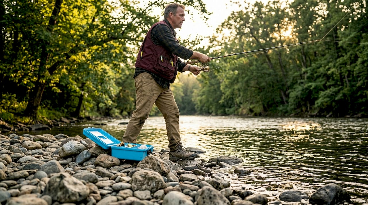 Angler casting on shaded mountain stream