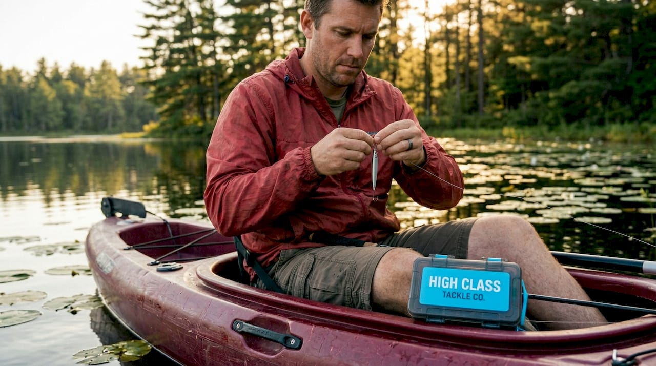 Angler preparing skinny mini lure on lake boat