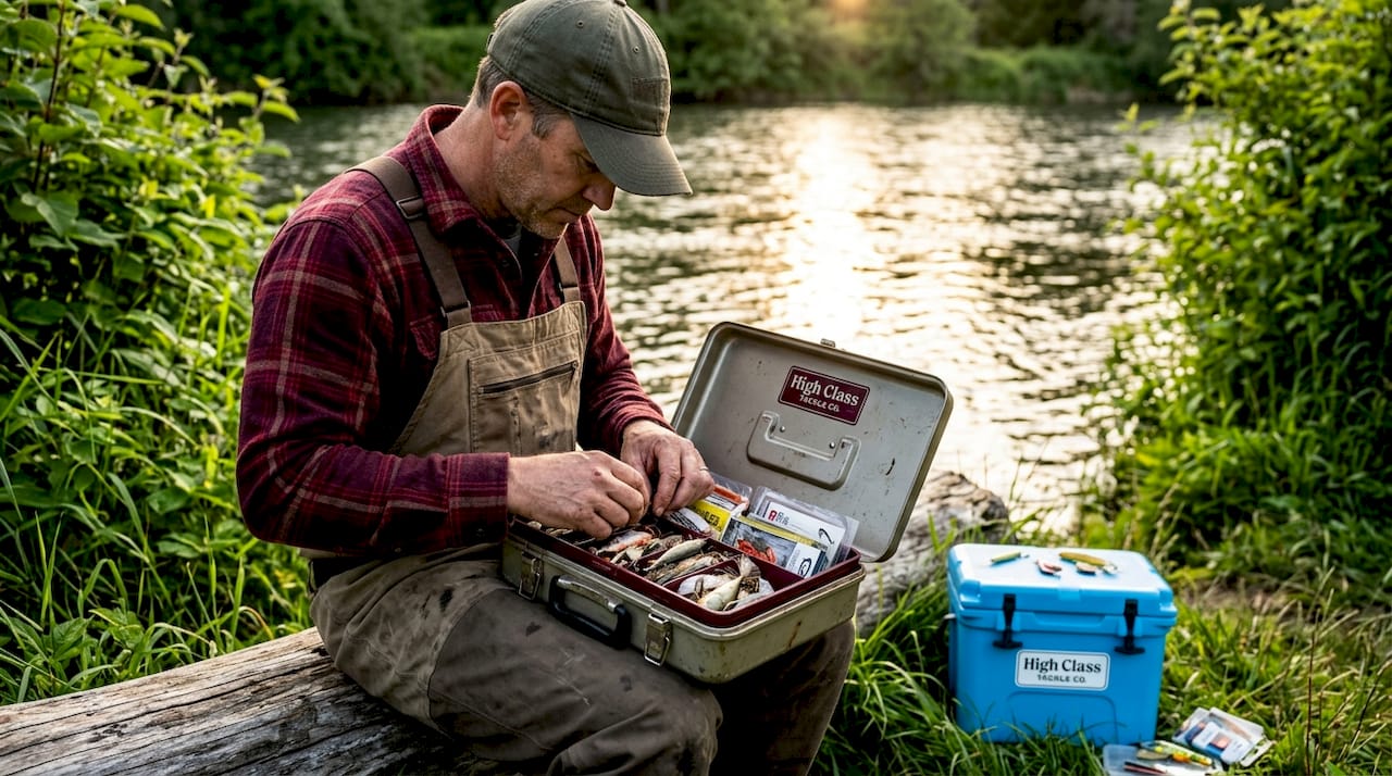 Angler sorts salmon and steelhead baits outdoors