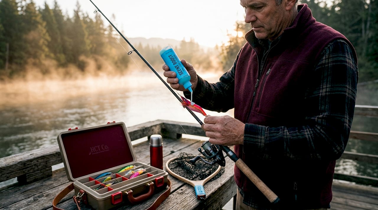 Angler applies scent attractant on salmon lure by river dock