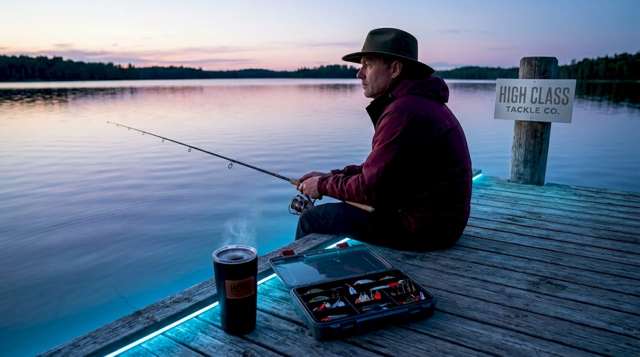 Man fishing calmly on lake dock at dawn