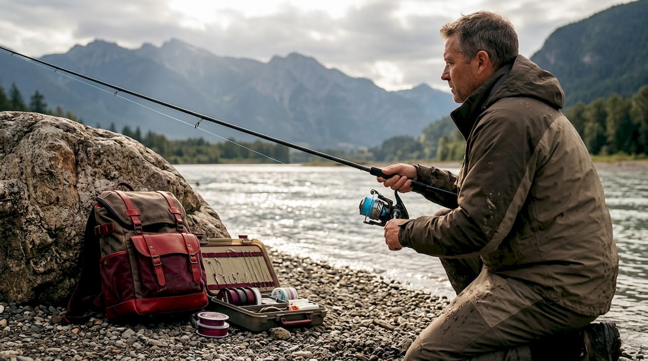 Angler fishing with sockeye tackle on BC riverbank