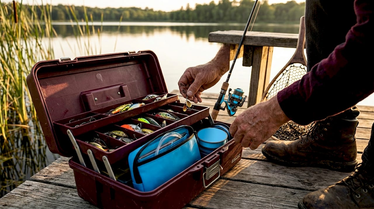 Angler organizing fishing tackle on lakeside dock