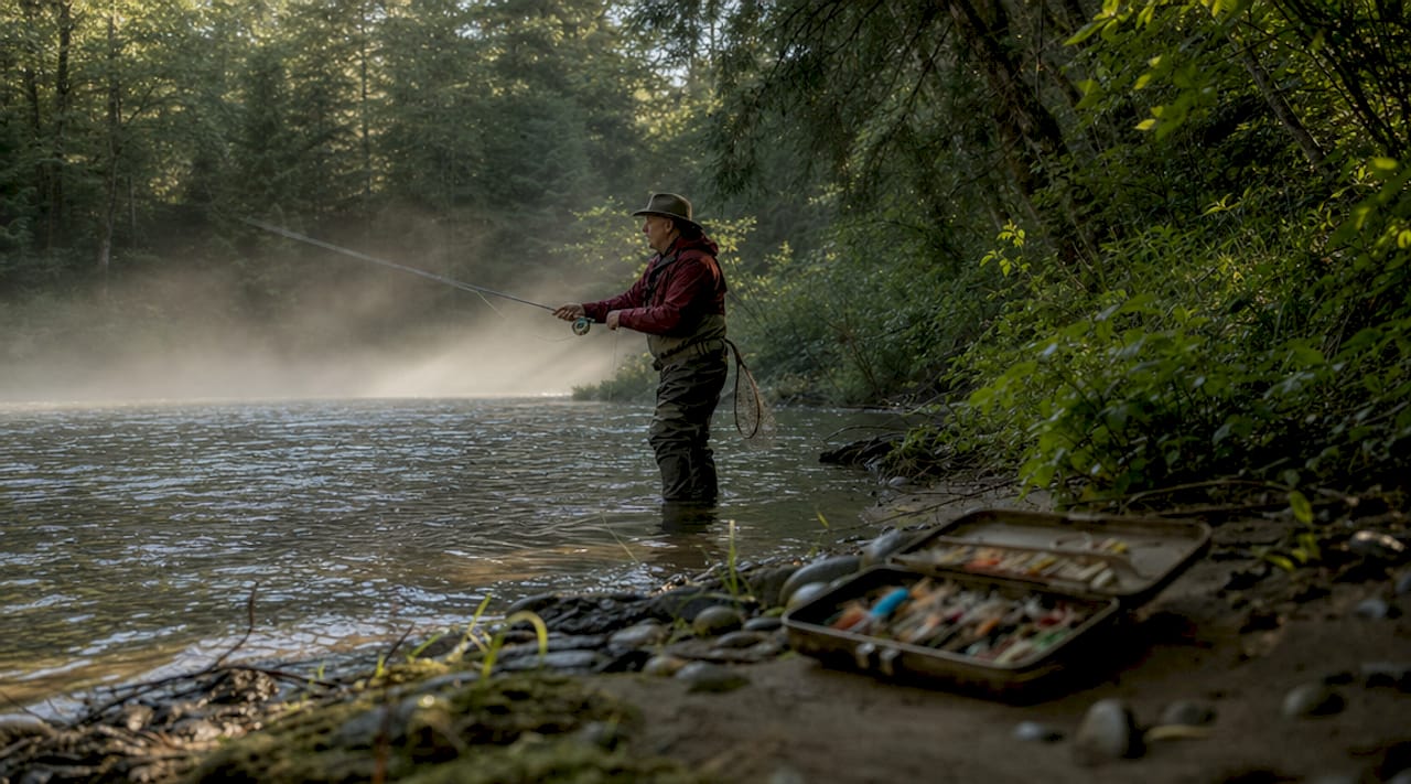 Angler fly fishing on river at dawn