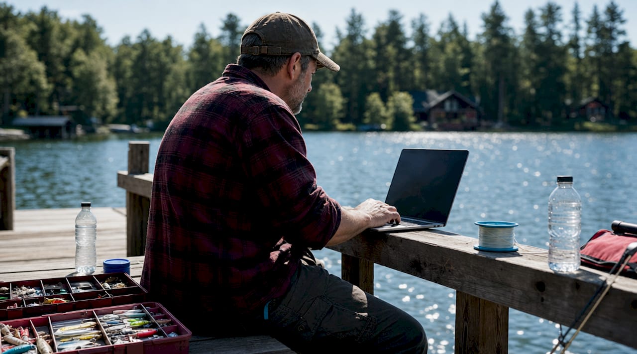 Angler browsing fishing tackle website outdoors