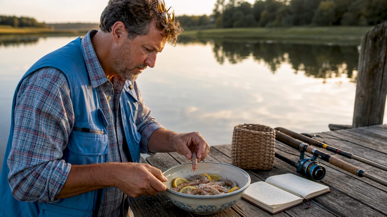 Angler curing shrimp in glass bowl on dock