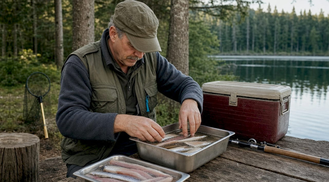 Angler brining fresh herring fillets outdoors