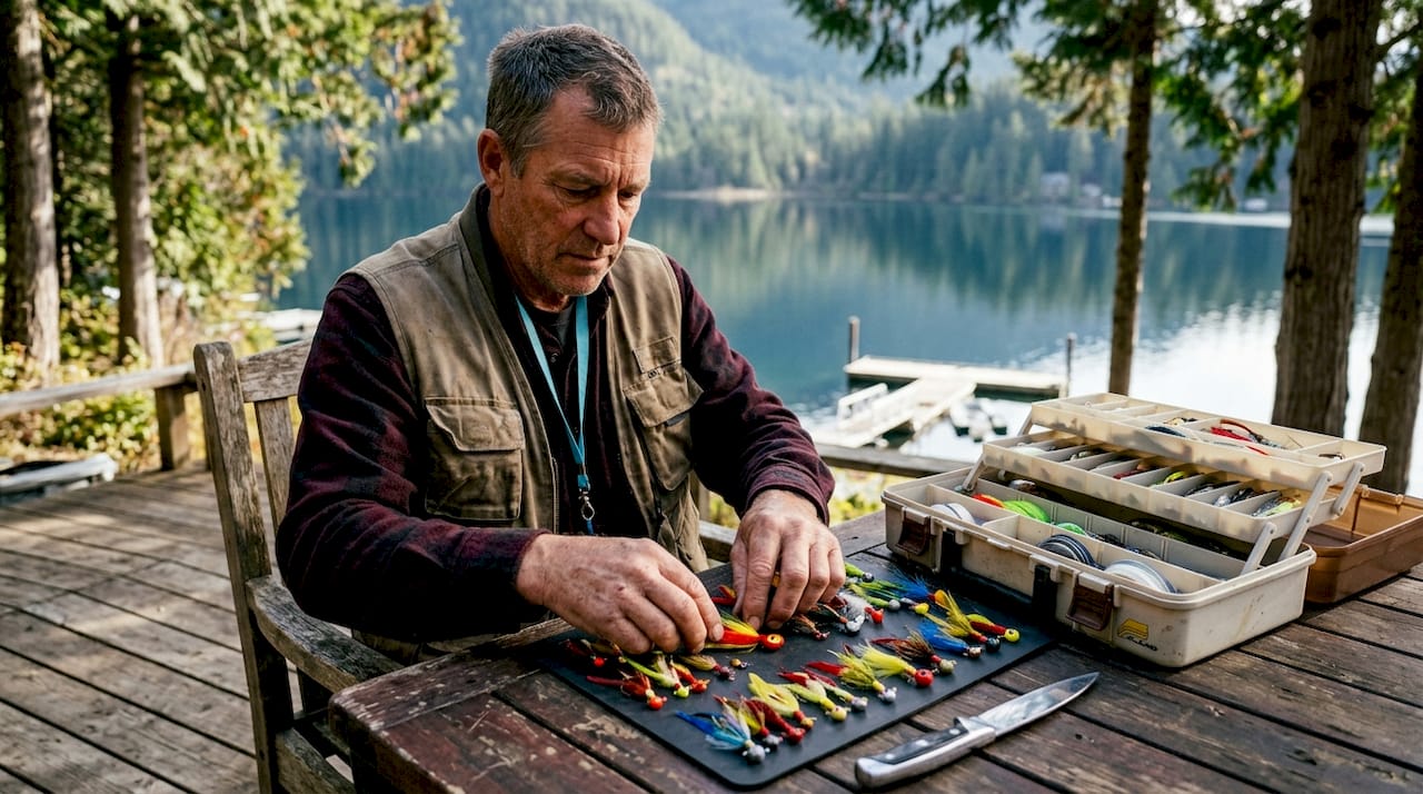 Angler organizing twitching jigs on lake dock