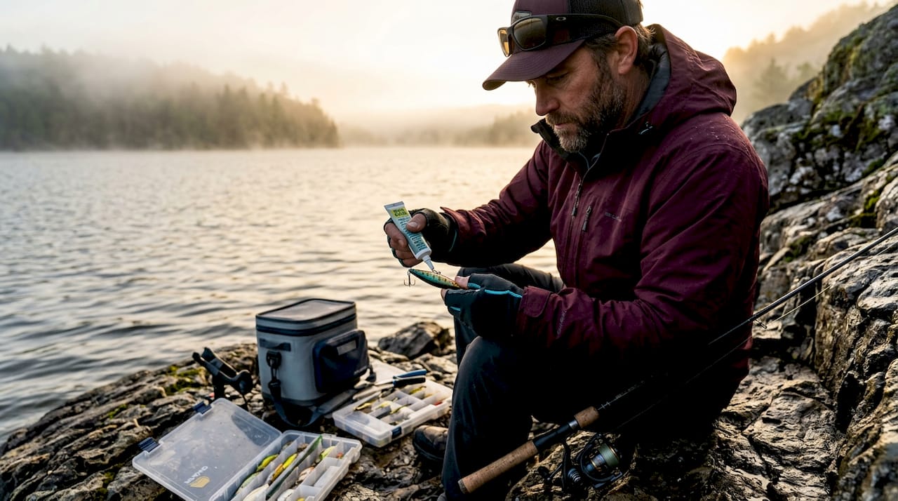 Professional angler applying scent on lure