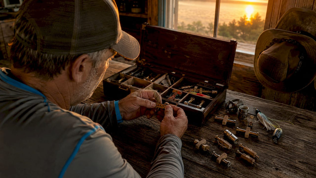 Angler inspecting alternative line lock fishing gear