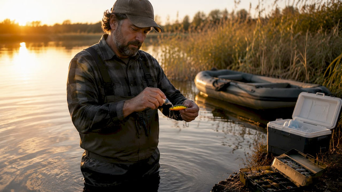 Angler applying scent to lure in river at dawn