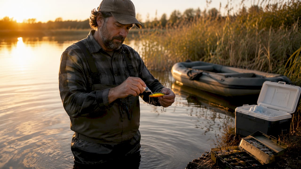 Angler applying scent to lure in river at dawn