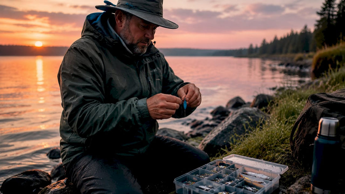 Angler preparing 3.5 spinner blade fishing tackle at dock