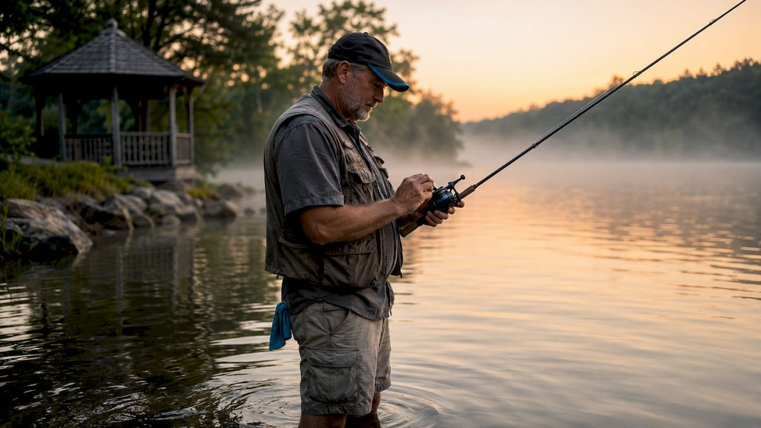 Angler casting with baitcaster reel at lake