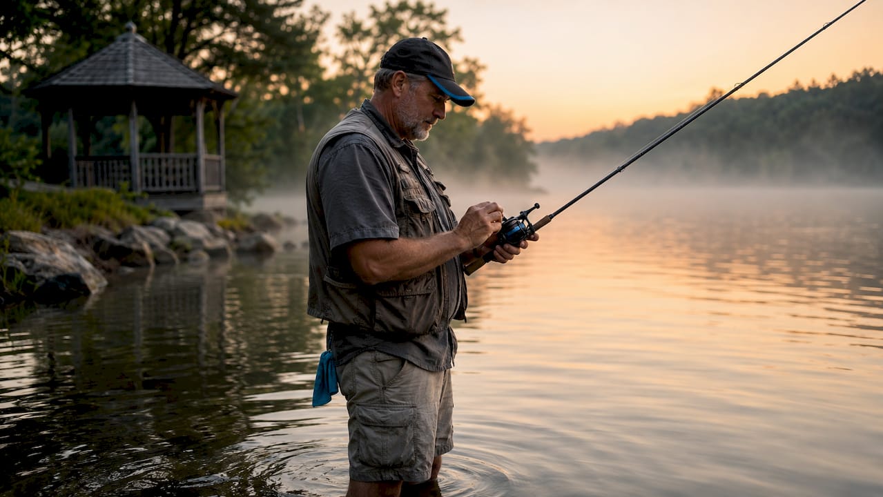 Angler casting with baitcaster reel at lake
