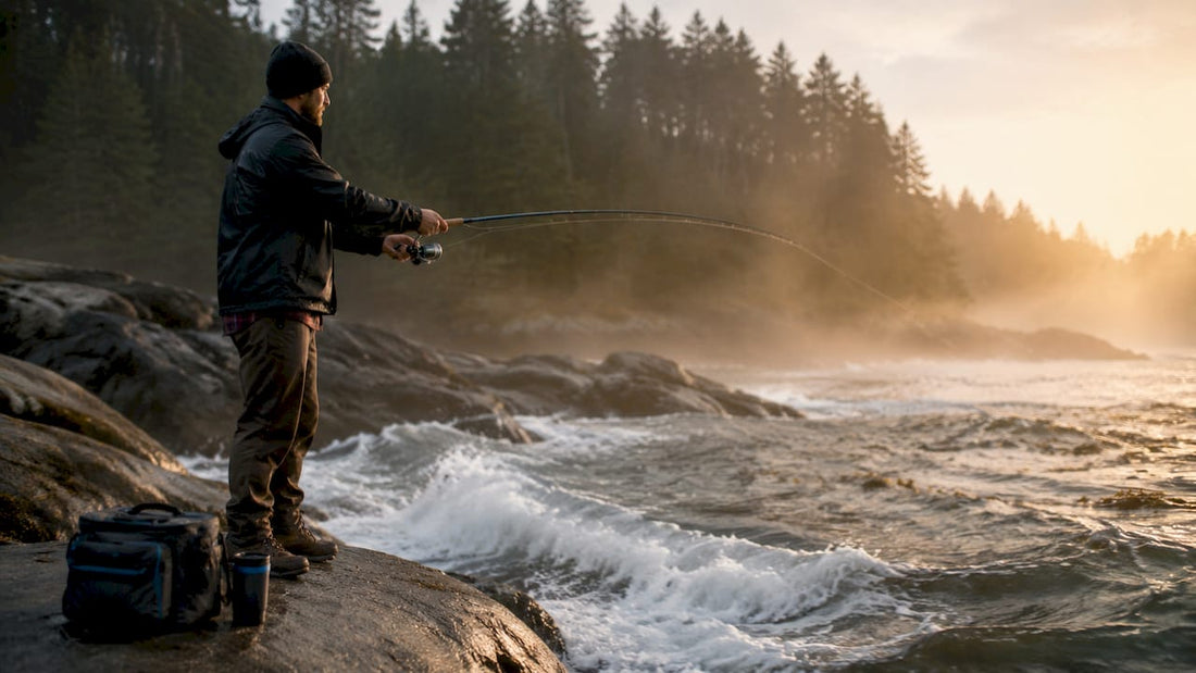 Angler casting fishing rod on bay dock at dawn