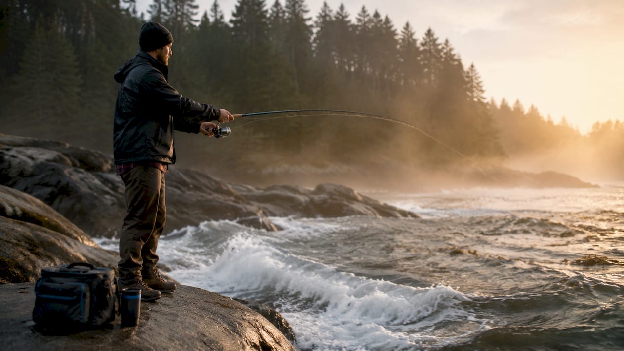 Angler casting fishing rod on bay dock at dawn