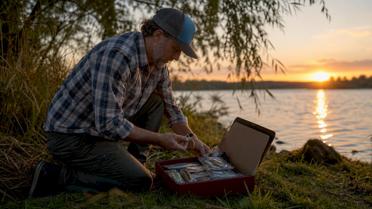 Angler opening fishing subscription box outdoors