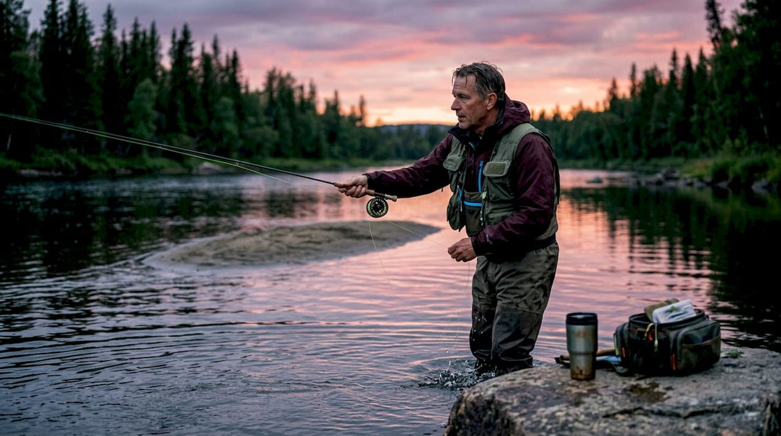 Angler fishing on shallow river bar at dawn