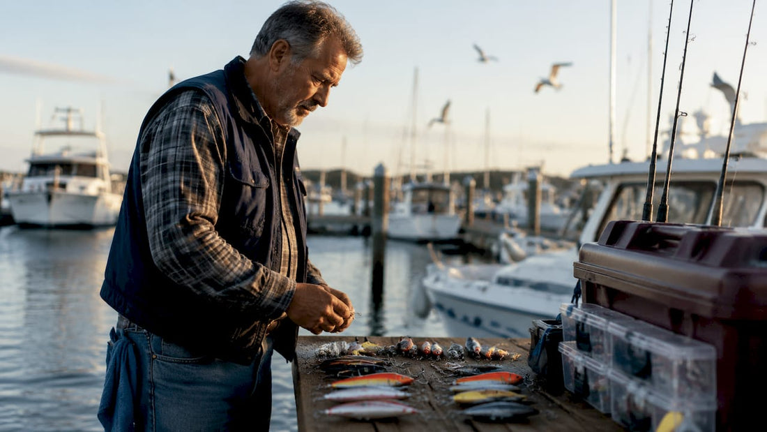 Man browsing fishing tackle in a store