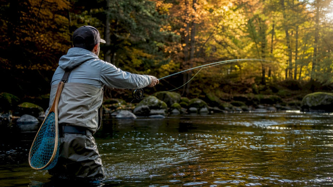 Angler casting fly rod in steelhead holding water