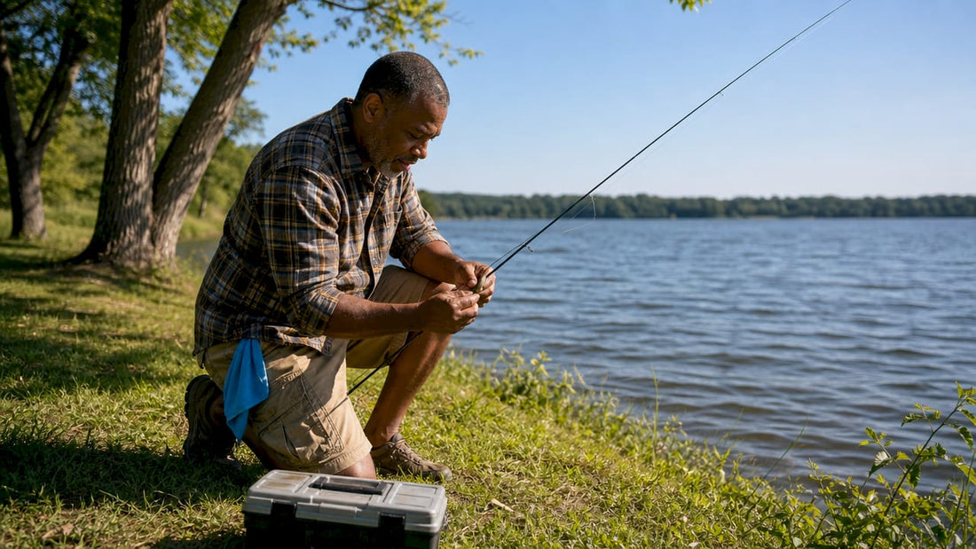Angler fishing from riverbank shore