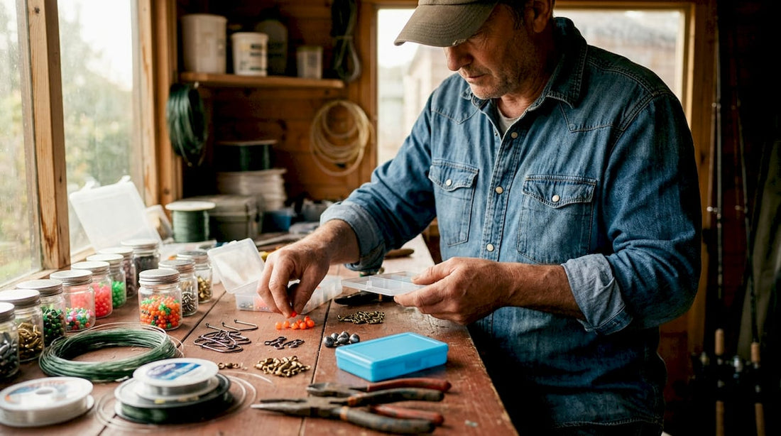 Fisherman sorting fishing tackle components in workshop