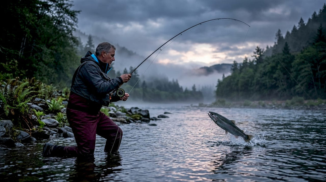 Angler fighting a jumping steelhead trout in river