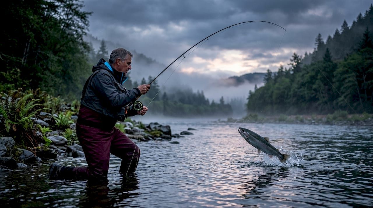 Angler fighting a jumping steelhead trout in river
