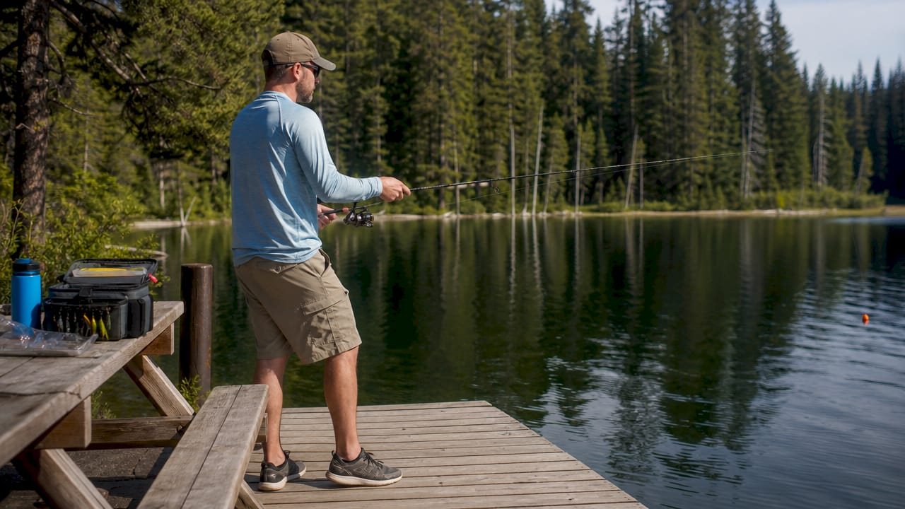 Angler casting float fishing line on river