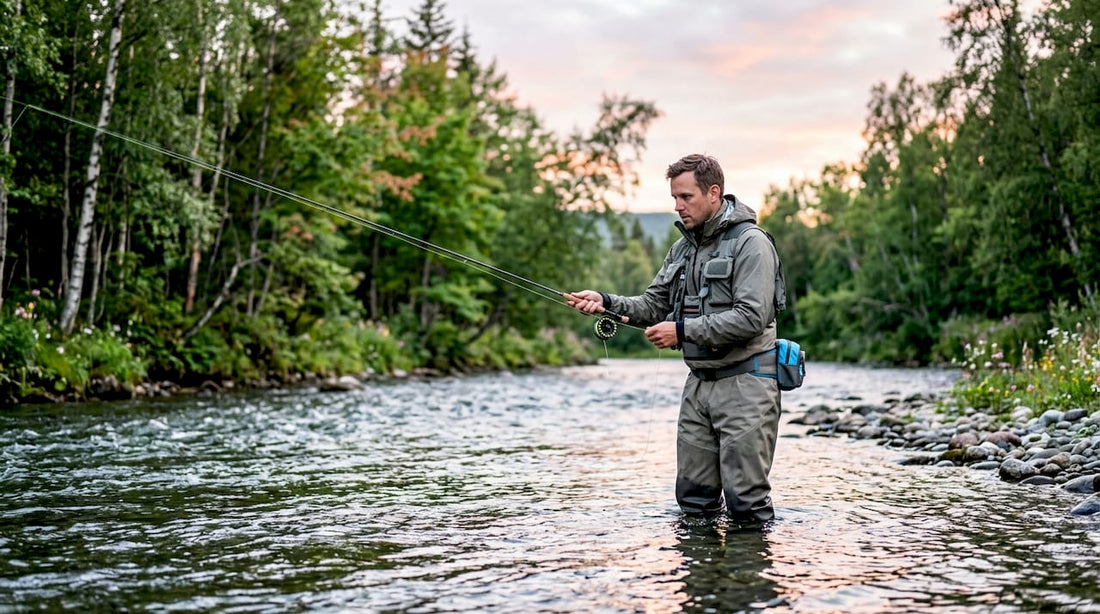 Angler fishing in river during steelhead migration