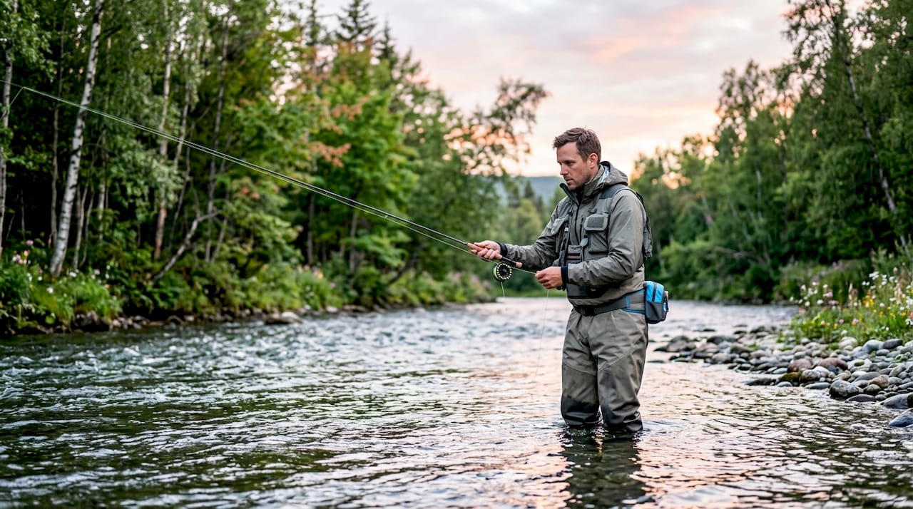 Angler fishing in river during steelhead migration