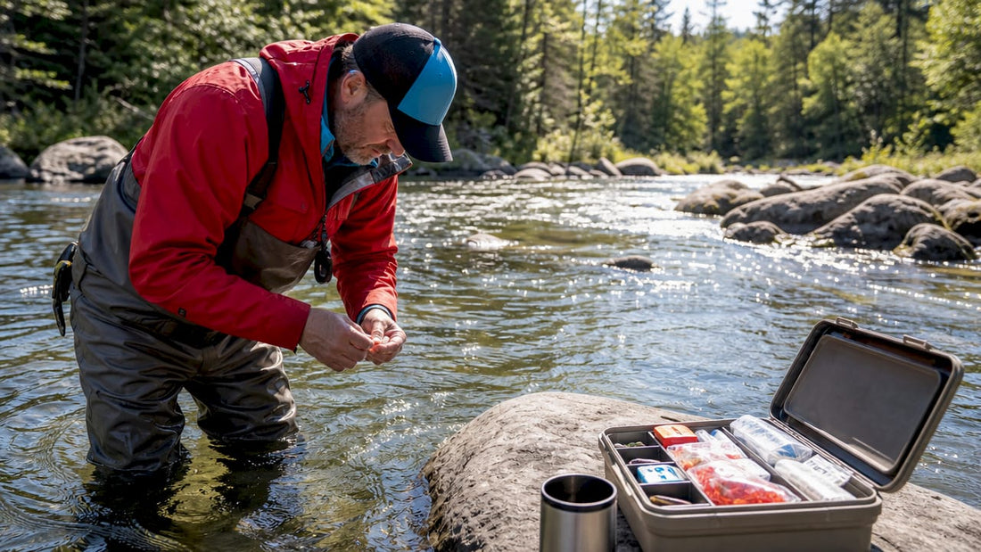 Angler rigging salmon roe bait on river