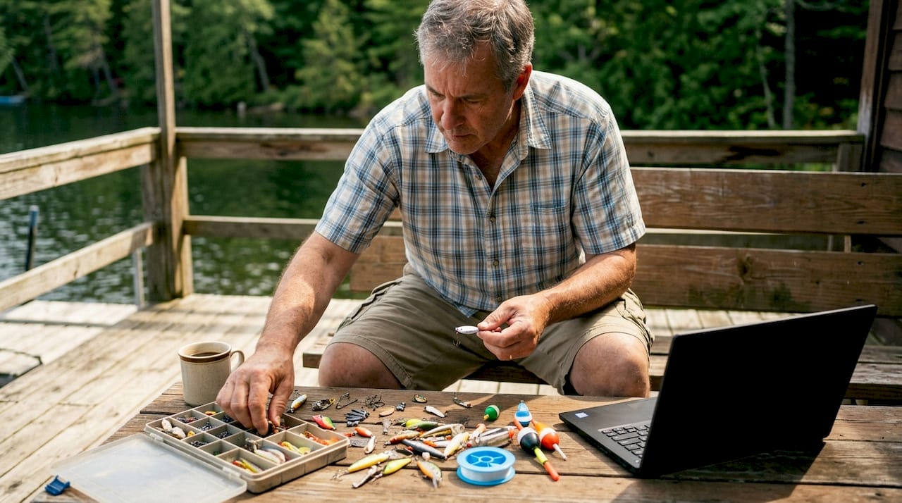 Angler sorting fishing gear at cabin table