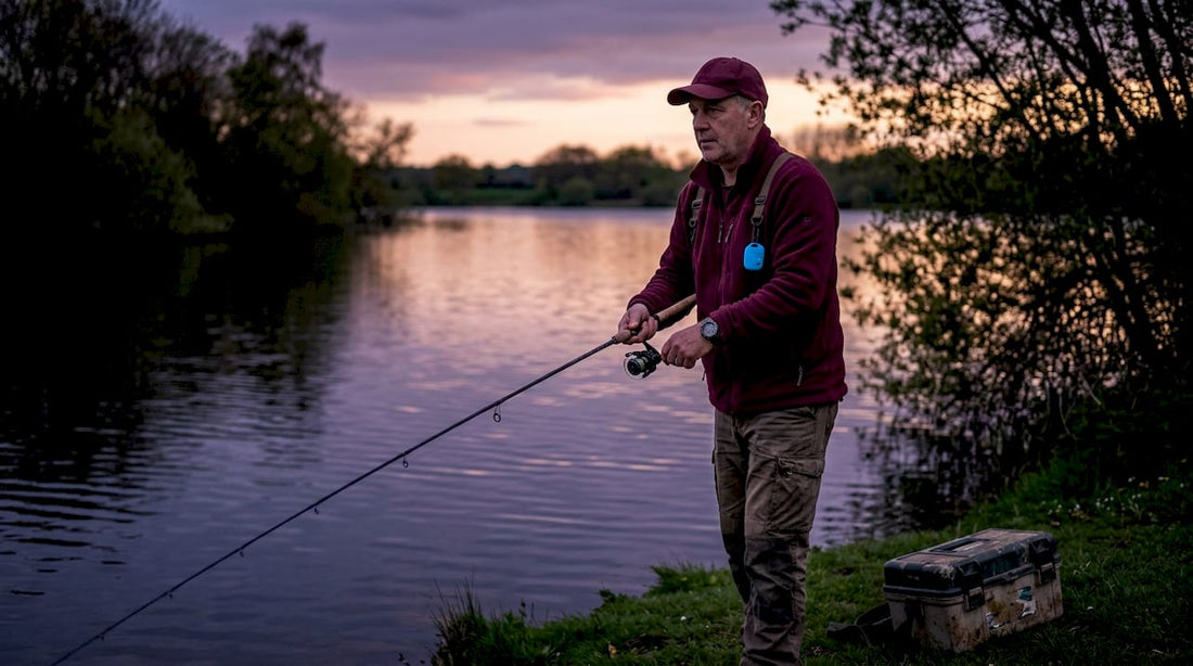 Angler casting fishing rod at misty lake dawn