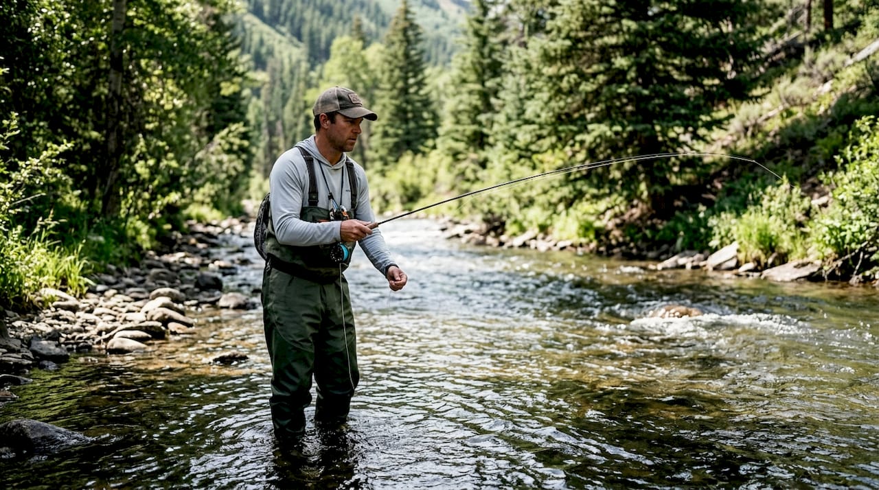 Angler casting into river current seam during steelhead fishing